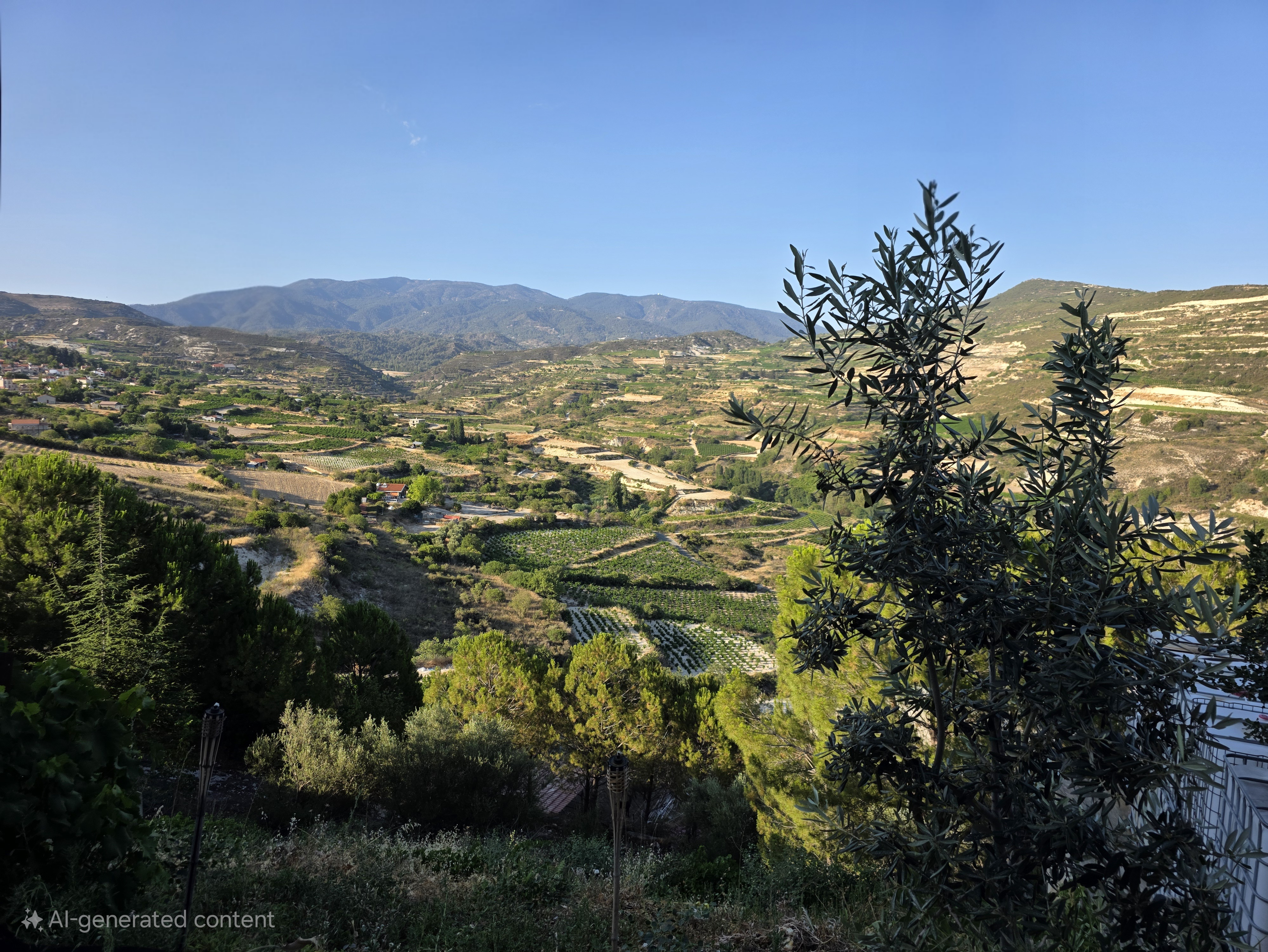 Scenic view of a valley with trees and mountains under a clear blue sky.